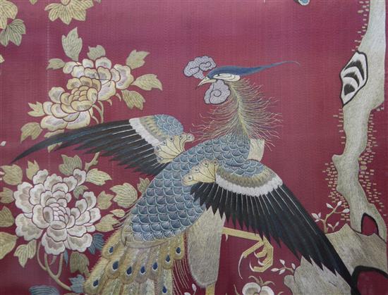 A Chinese embroidered silk bird panel, 101 x 44cm, framed